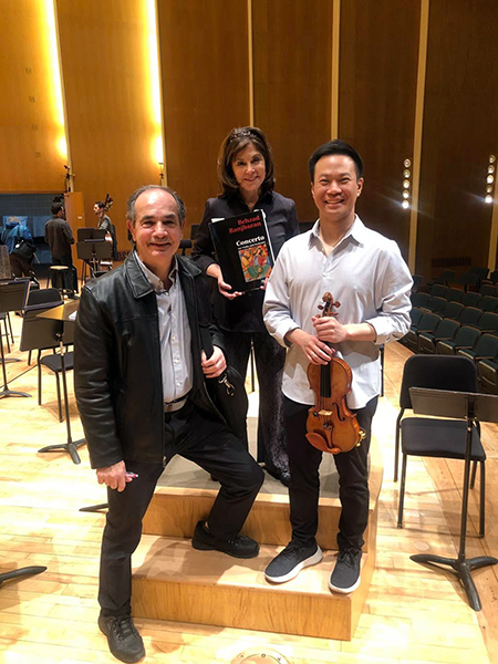 Falletta with violin soloist Nikki Chooi and composer Behzad Ranjbaran during the world premiere recording of Ranjbaran's Violin Concerto with the BPO, 2026